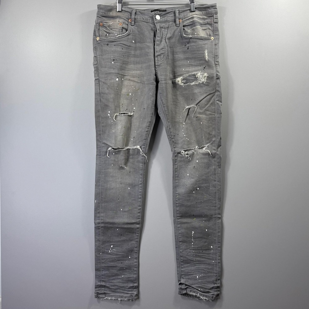 Purple Brand P001 Jeans Mens 36x31 Gray Charcoal Wash Skinny Distressed Paint